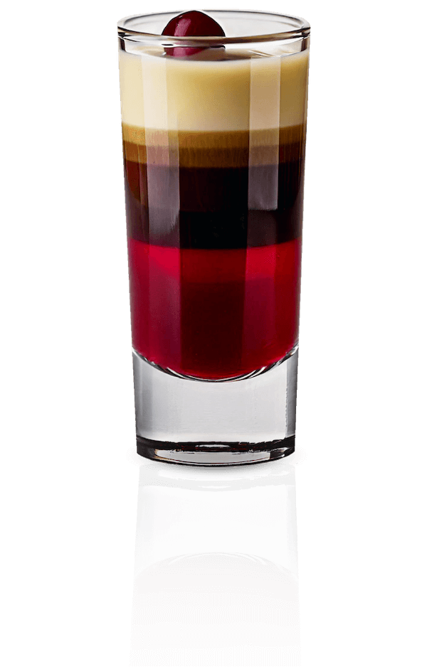 A Chocolate Cherry Delight shot served in a tall shot glass, featuring layered cherry liqueur, vodka, and Stella Rosa Chocolate Hazelnut Cream Liqueur, topped with a cherry